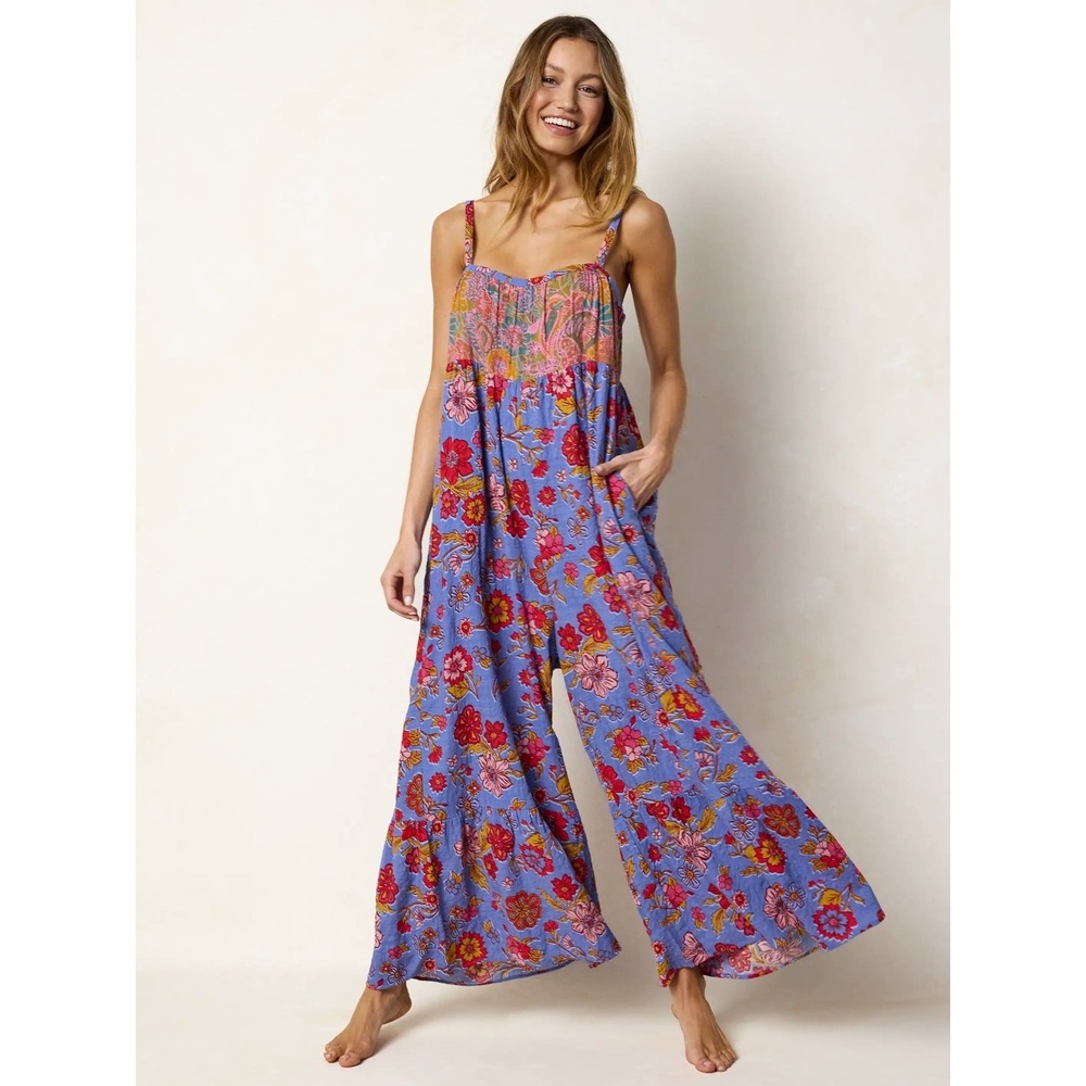 Natural Life Stephanie Jumpsuit Stella Blooms Blue Sz Large NWOT Boho Artsy